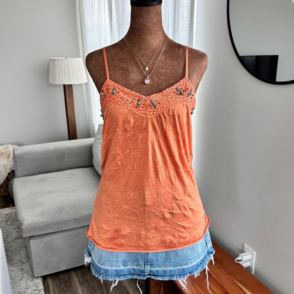 2000s Vintage J.T.B. Coral Crinkle Beaded Crochet Cami Boho Y2K Petite Size L